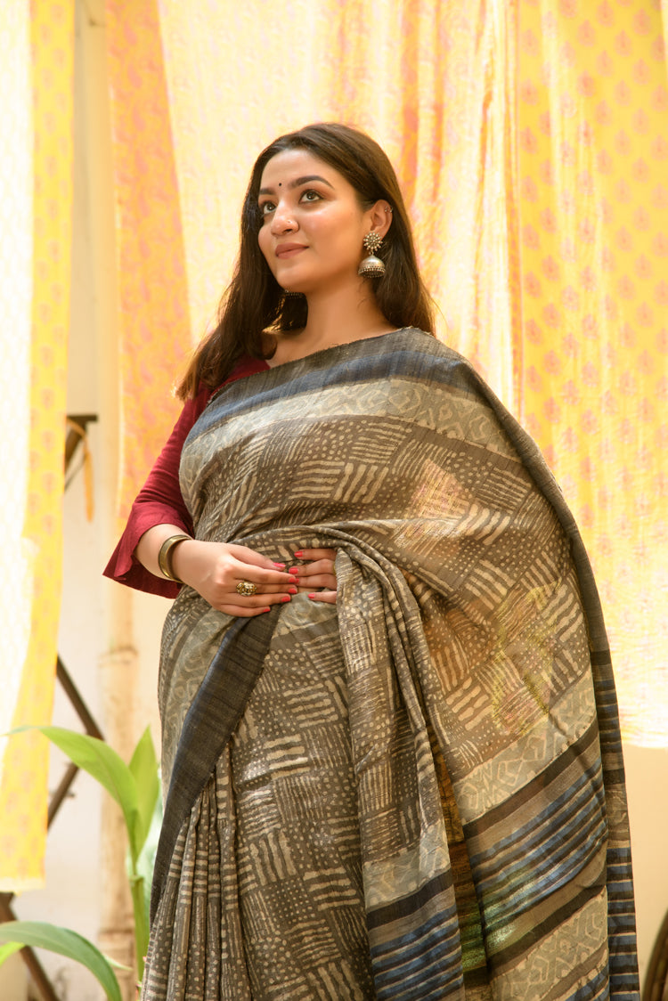 Tussar Silk Natural Dabu Print Saree