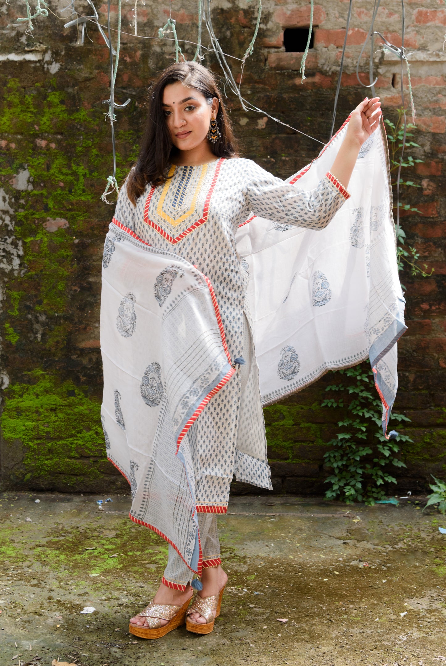 Chanderi Silk Suit Set in Gota Neck with Block Print Chanderi dupatta.