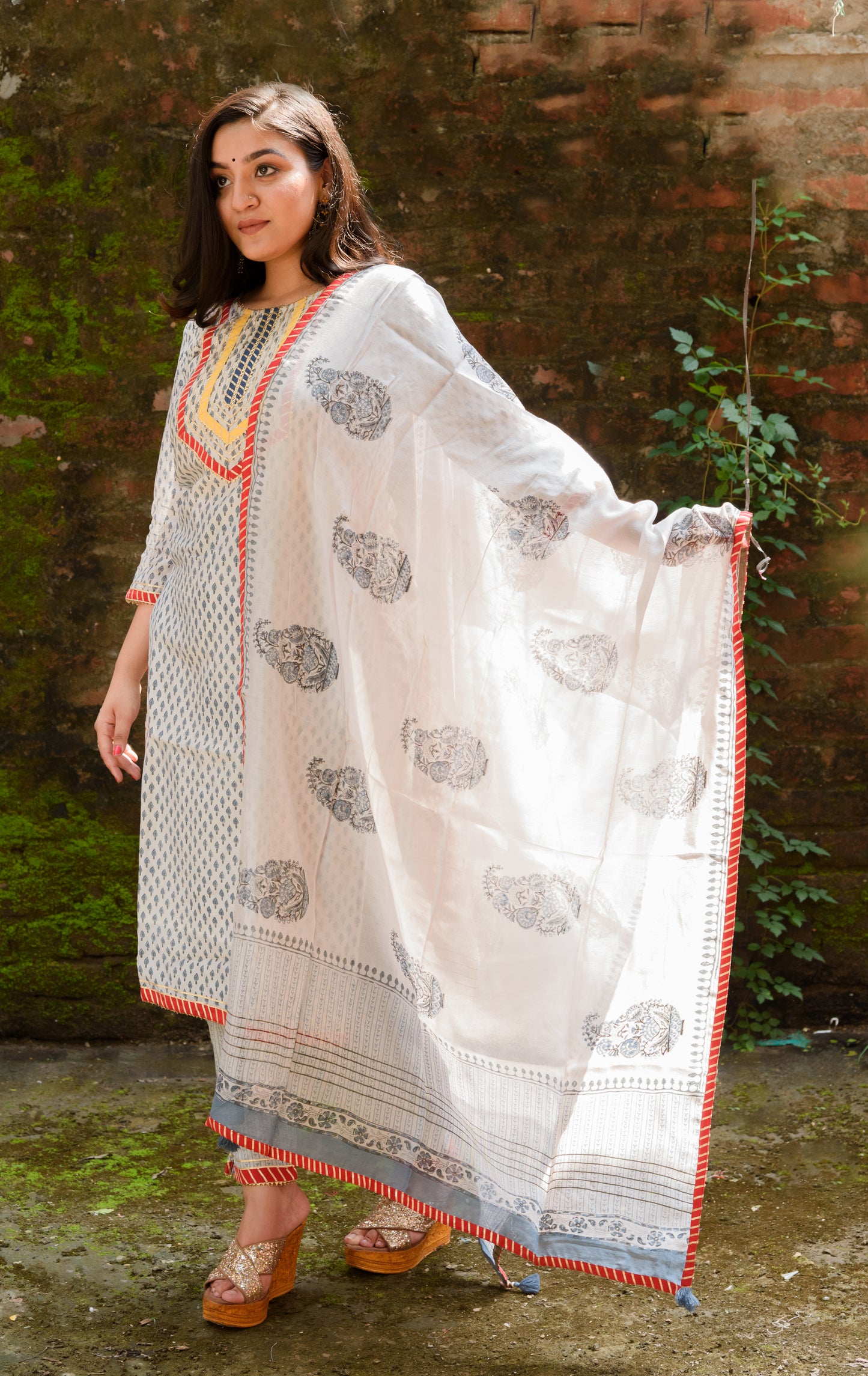 Chanderi Silk Suit Set in Gota Neck with Block Print Chanderi dupatta.