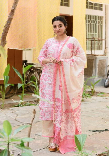 Chanderi Silk Suit Set in Pink Floral block print with chanderi floral dupatta.
