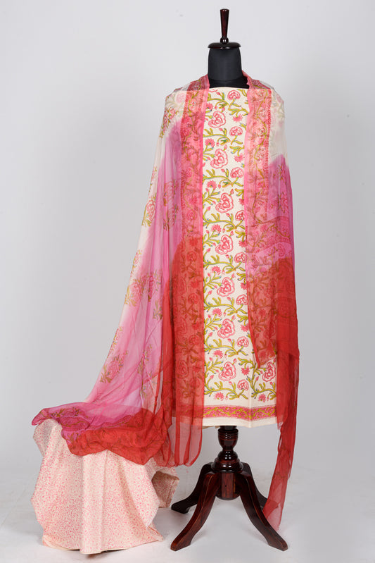 Block print dress material in Cotton cambric with Chiffon dupatta.
