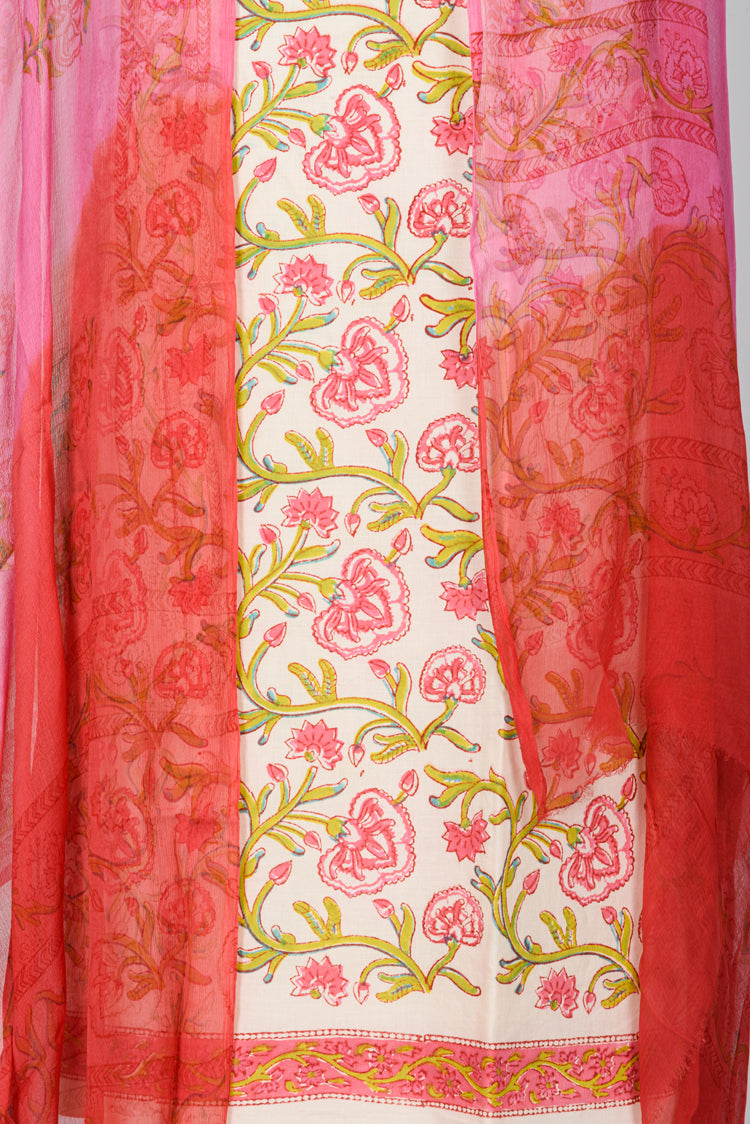 Block print dress material in Cotton cambric with Chiffon dupatta.