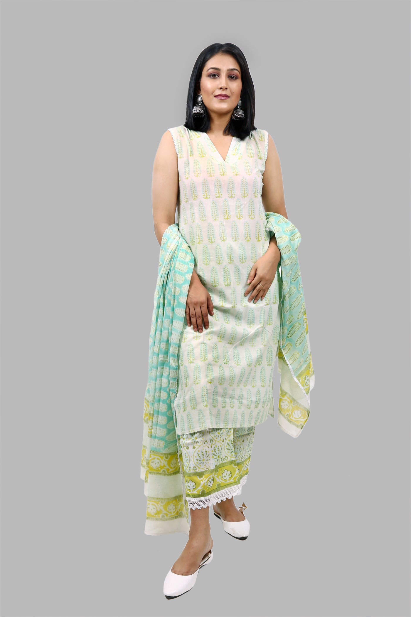 Block Printed Cotton Suit Set with Voil Dupatta