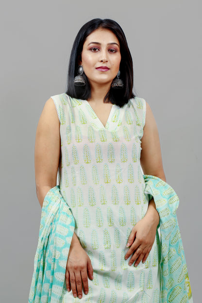 Block Printed Cotton Suit Set with Voil Dupatta