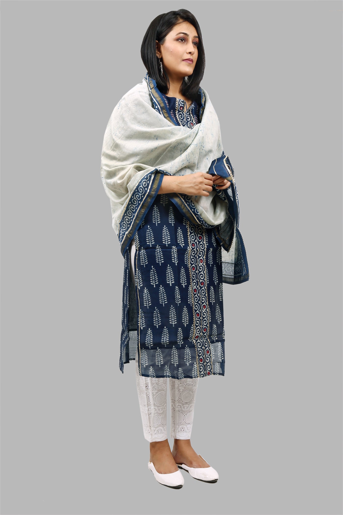 Chanderi Silk Kurta and Dupatta in Indigo Dabu Print