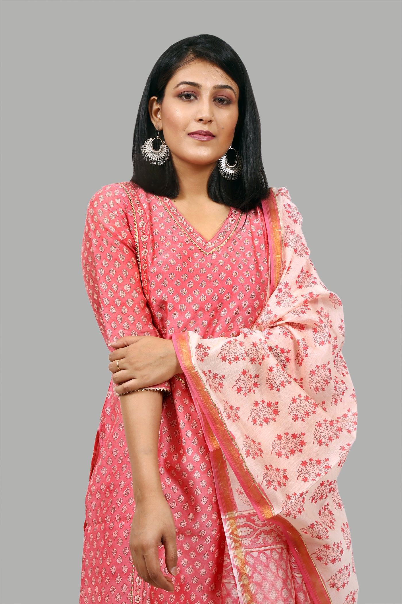 Chanderi Silk Suit Set in Pink Small Booti