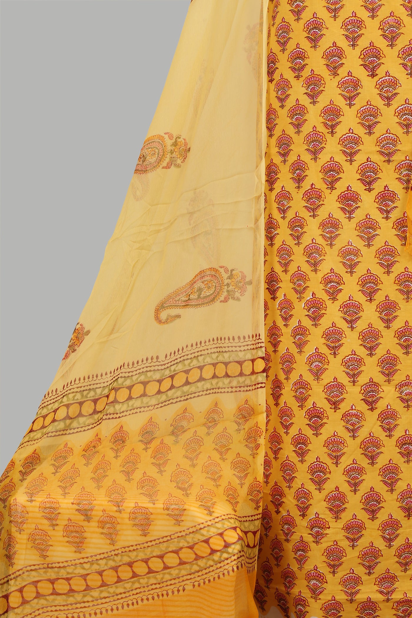 Block printed dress material with chiffon dupatta