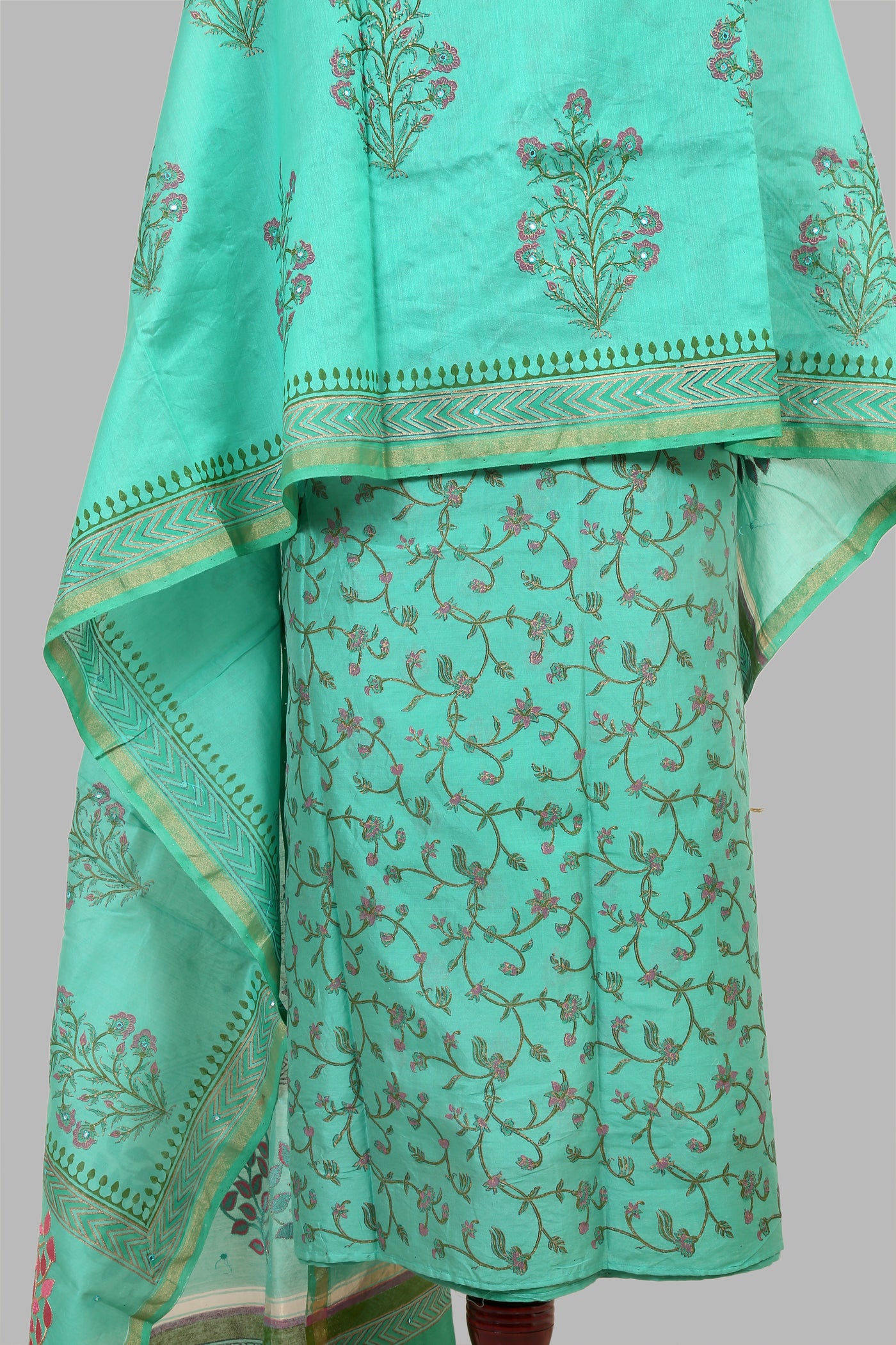 Block printed dress material in chanderi silk