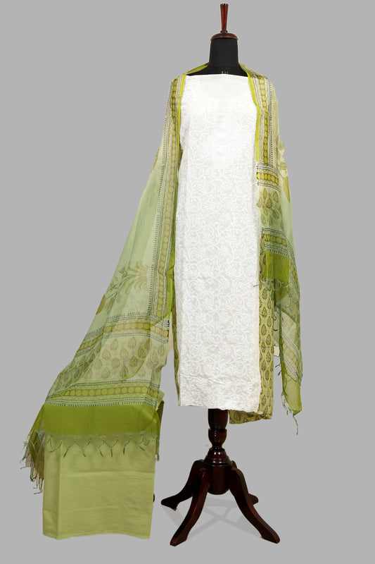 Chikankari & Block Printed Dress Material with Kota dupatta
