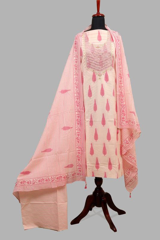Cotton Cambric mughal printed dress material with neck work