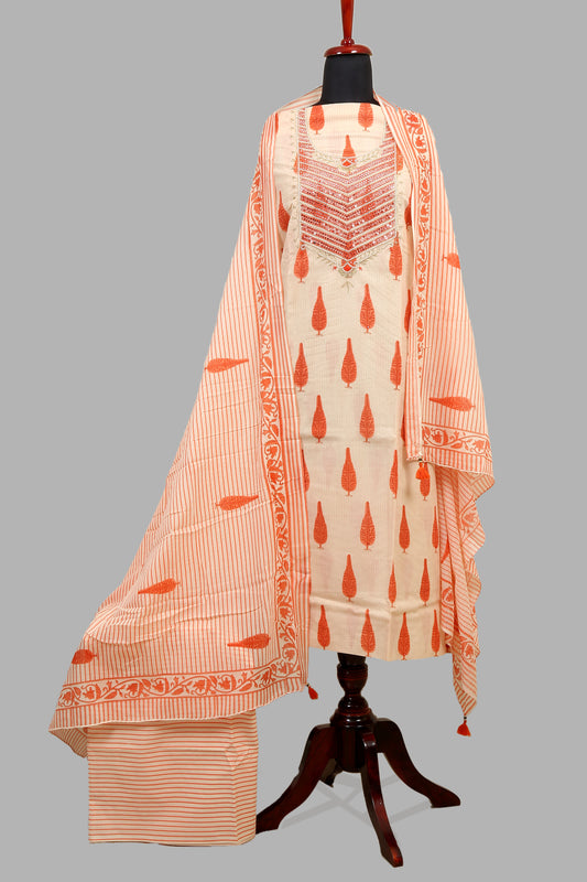Cotton Cambric mughal printed dress material with neck work