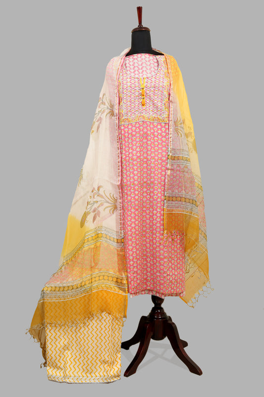 Block printed dress material with kota doria dupatta