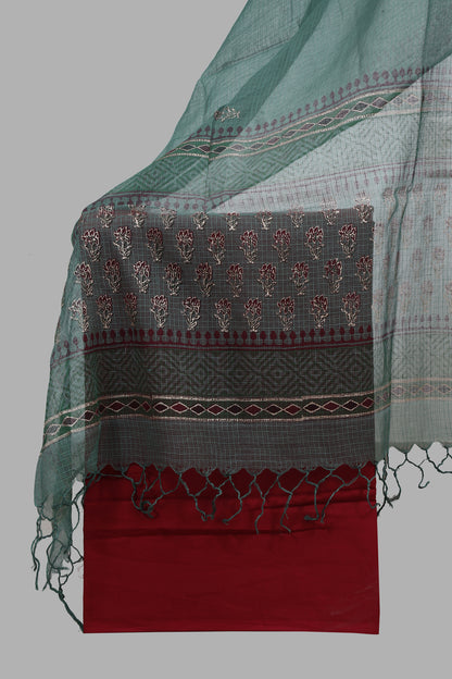 Block printed Chanderi Silk dress material with Kota dupatta