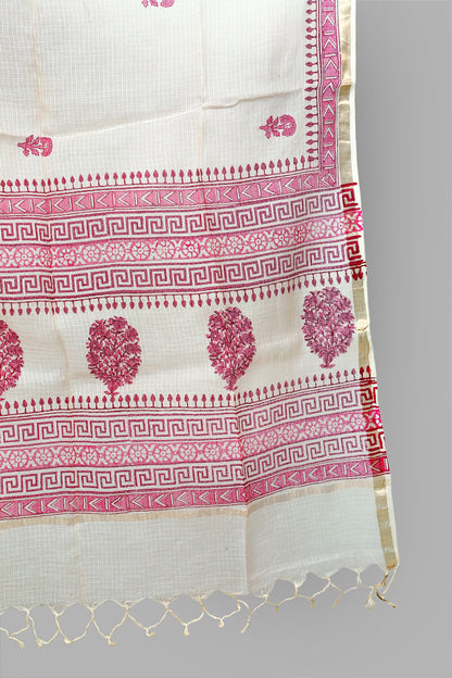 Block printed dress material with applique work