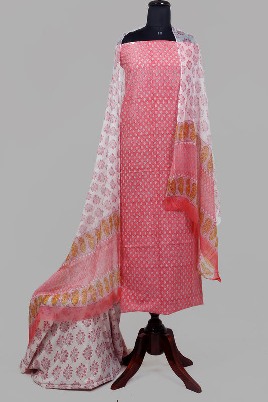 Cotton cambric block printed dress material with chiffon dupatta