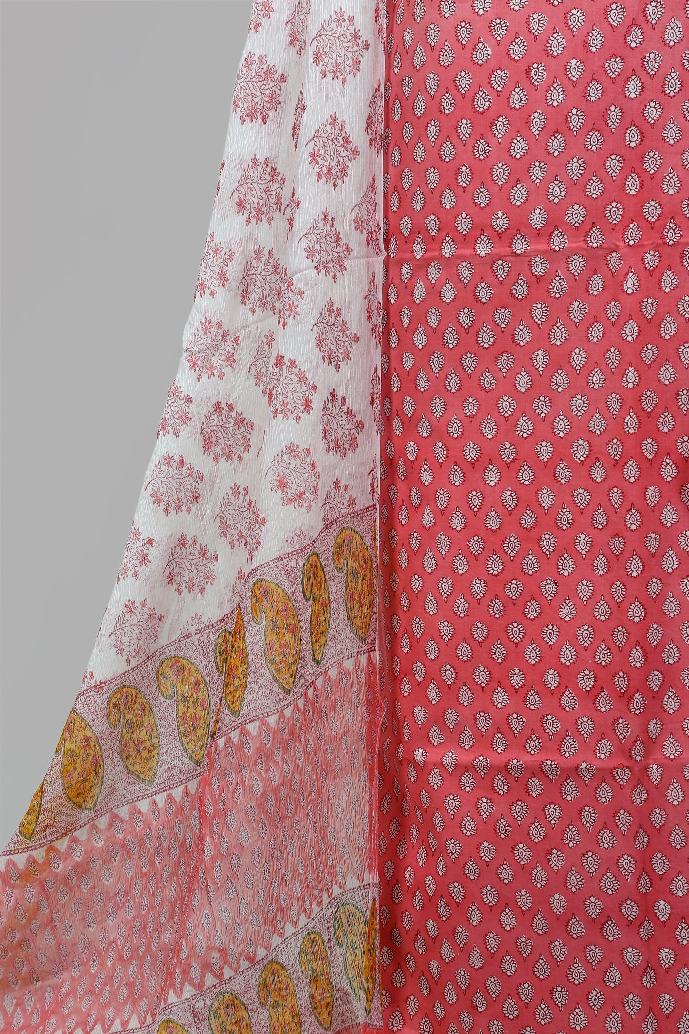Cotton cambric block printed dress material with chiffon dupatta