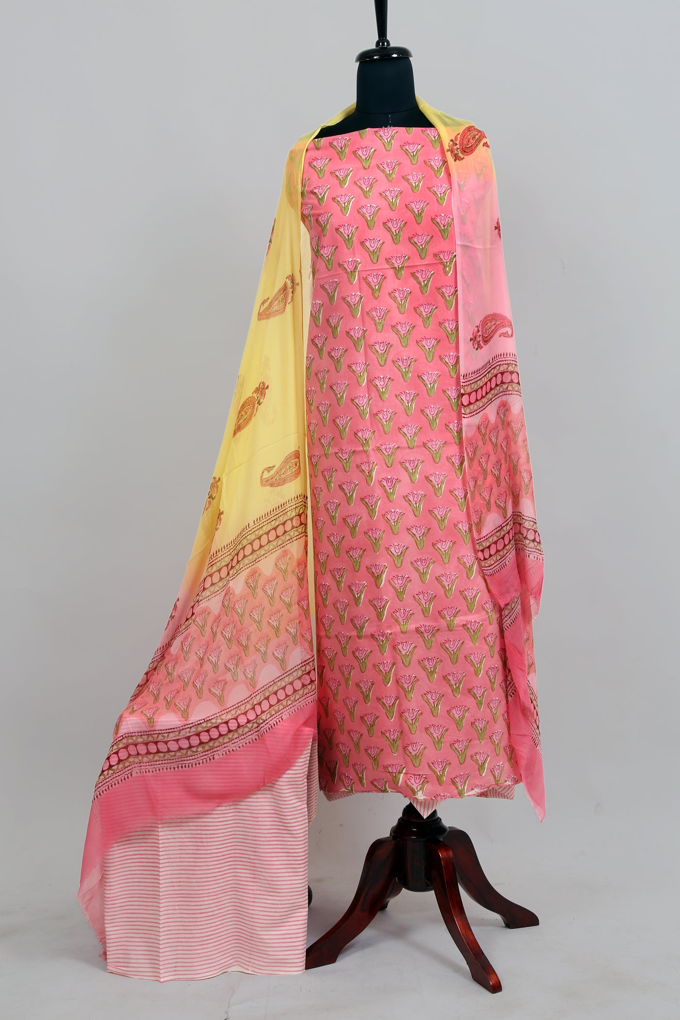 Block printed cotton cambric dress material with chiffon dupatta