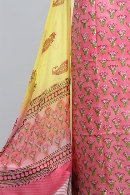 Block printed cotton cambric dress material with chiffon dupatta