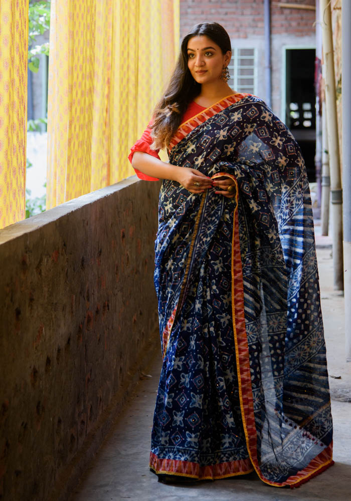 Chanderi Silk Indigo Saree in Katha work