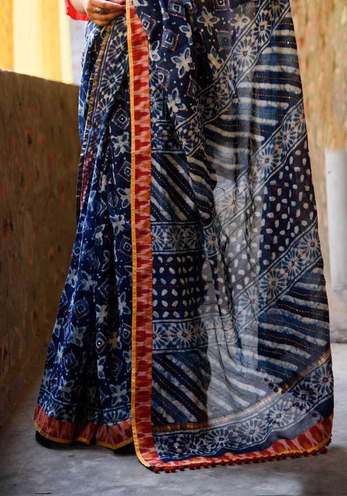 Chanderi Silk Indigo Saree in Katha work