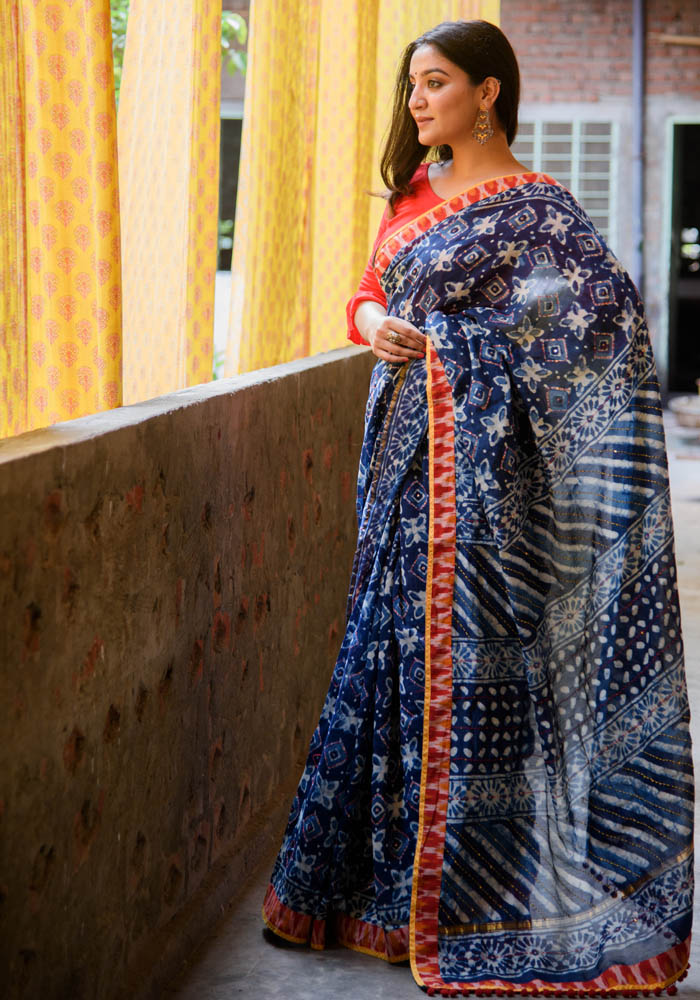 Chanderi Silk Indigo Saree in Katha work