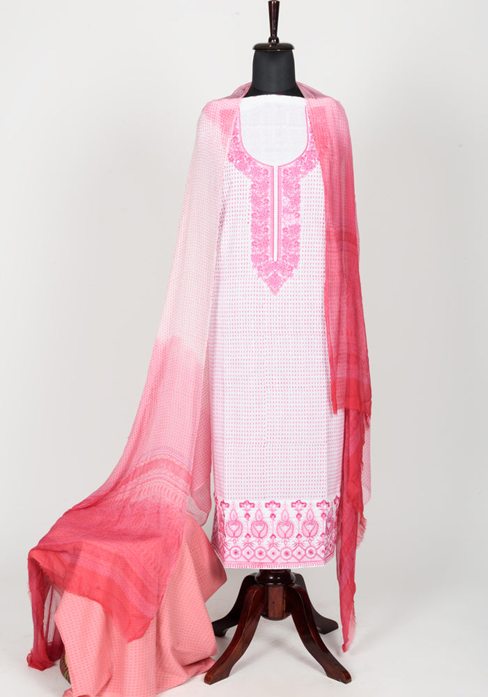 Cotton Cambric Embroidery Dress Material with Chiffon Dupatta In Block Print