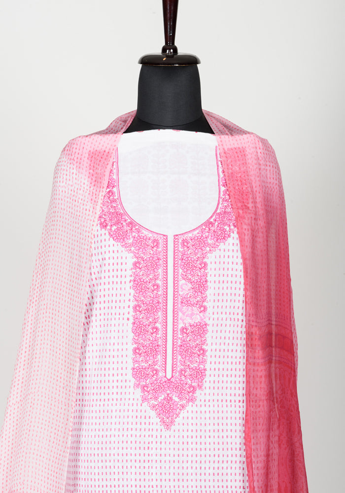 Cotton Cambric Embroidery Dress Material with Chiffon Dupatta In Block Print