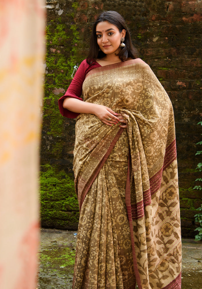 Tussar Silk Natural Dabu Print Saree