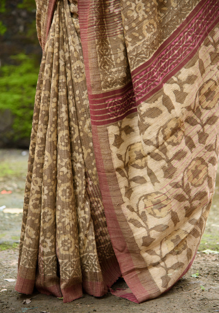 Tussar Silk Natural Dabu Print Saree